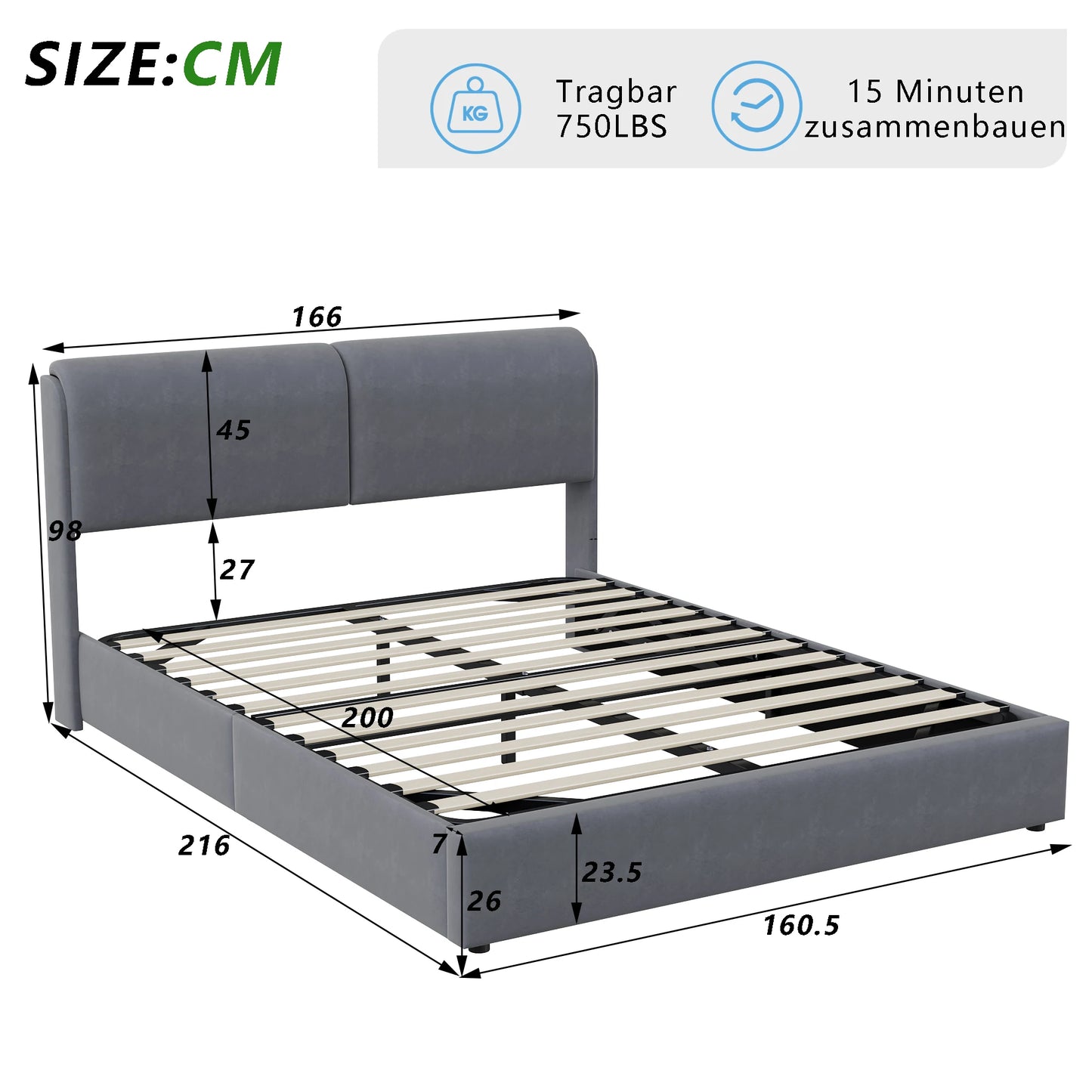 Comanlai Upholstered Bed,160 x 200cm,with Slatted Frame and Storage Space,LED Hydraulic Storage Bed,Without Mattress,Velvet,Grey