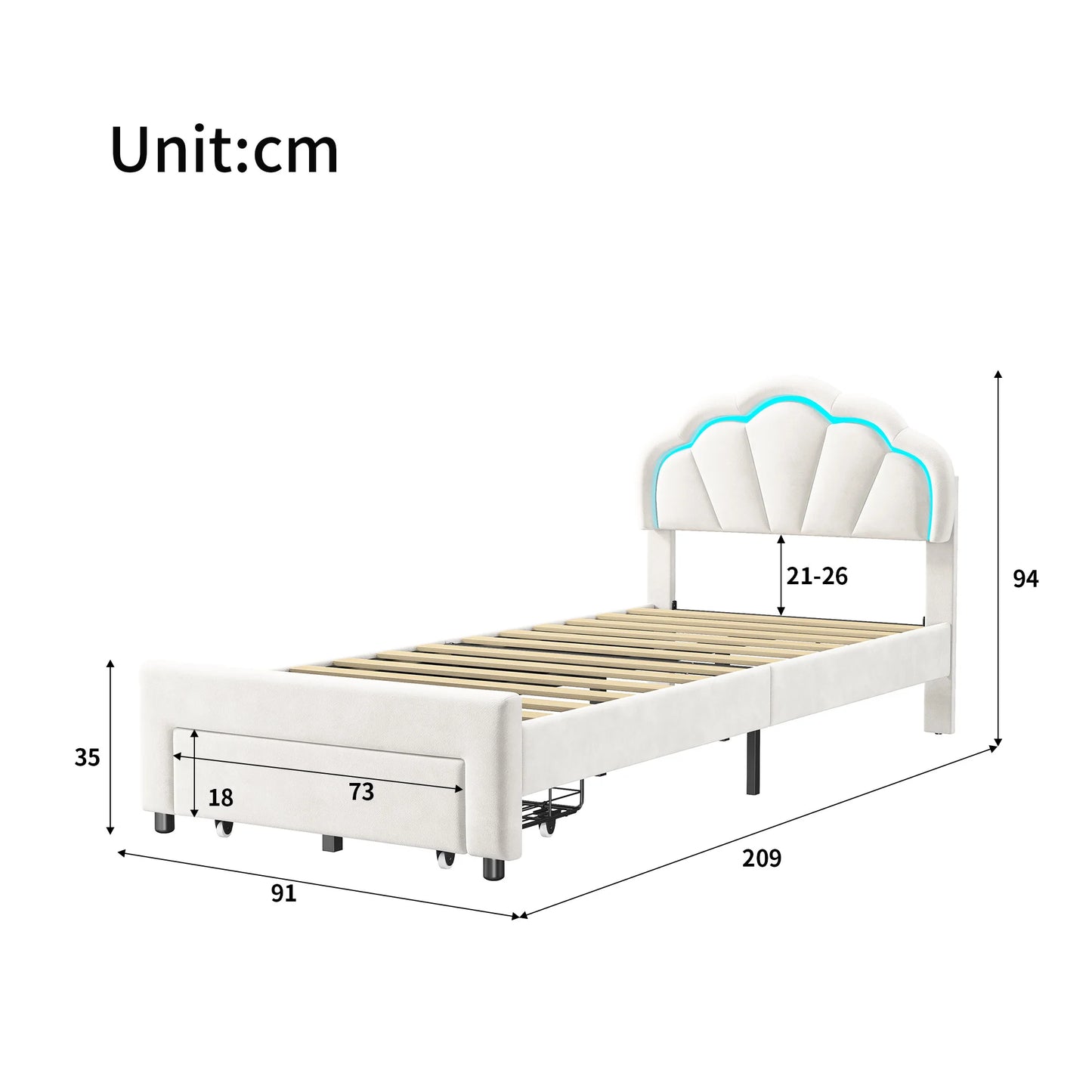 Rosahqnda Children bed with LED&drawers,girl's bed,Single bed Double bed 90-140*200 cm,velvet,White