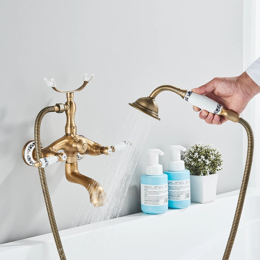Telephone Style Antique Brass Waterfall Bathtub Faucet Bathroom Brass Bath Faucets Waterfall Rotatb Spout Hot&Cold Mixer Tap