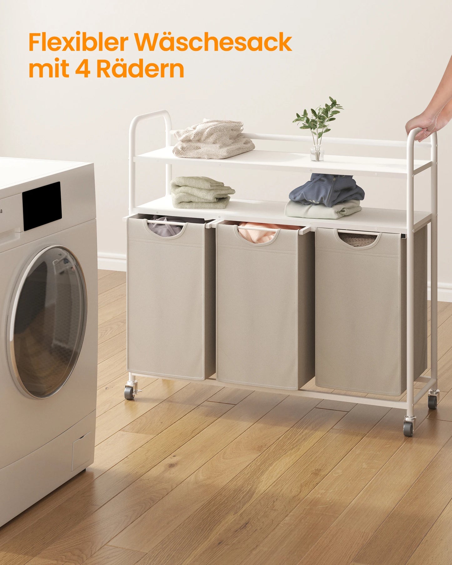 Hzuaneri Laundry basket 3 compartments, 3 x 46L, Laundry collector with 2 shelves, Laundry sorter, Laundry bag extendable