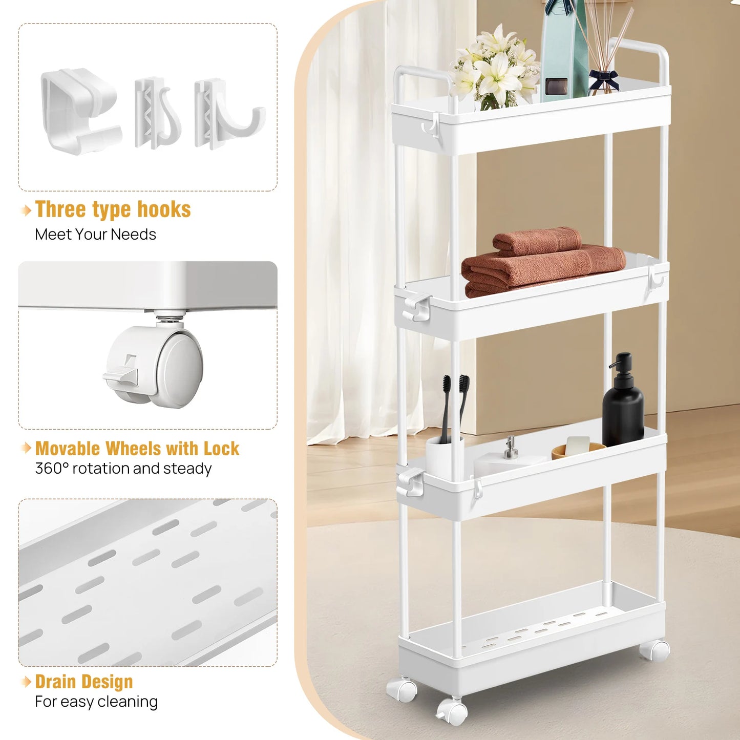 DayPlus 4-Tier Storage Rack Trolley Cart Slide-out Rolling Utility Cart Mobile Shelving Organizer for Kitchen, Bathroom,Bedroom