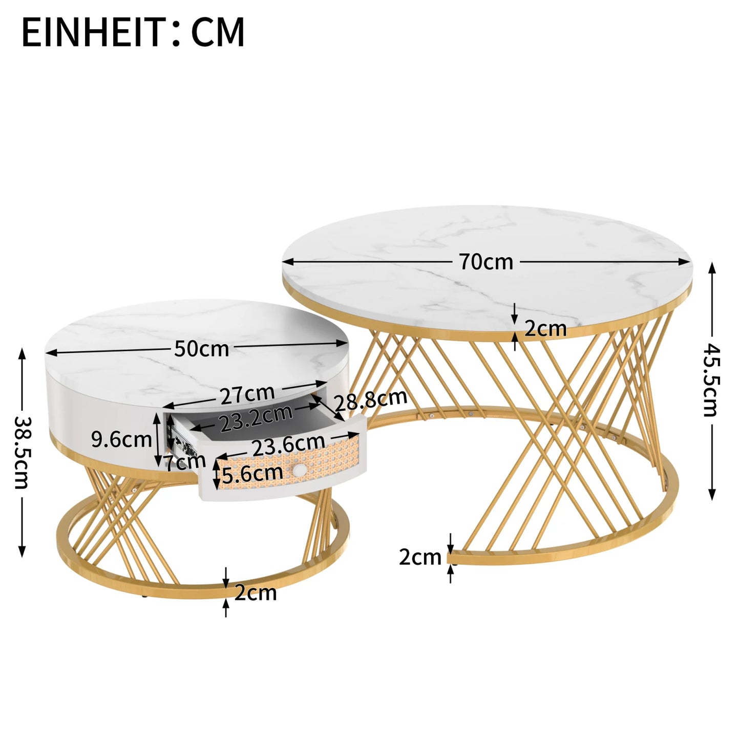 Comanlai 2-in-1 Round MDF Coffee Table,Side Table with Drawers,Wood Handles and Golden Iron Feet 70x70x45.5cm+ 50x50x38.5cm