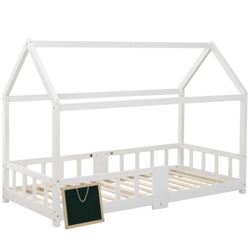 Children bed house bed 90x200 cm Wooden bed for CHILDREN'S room incl. table slatted frames crash protection, Pine White (without Matra