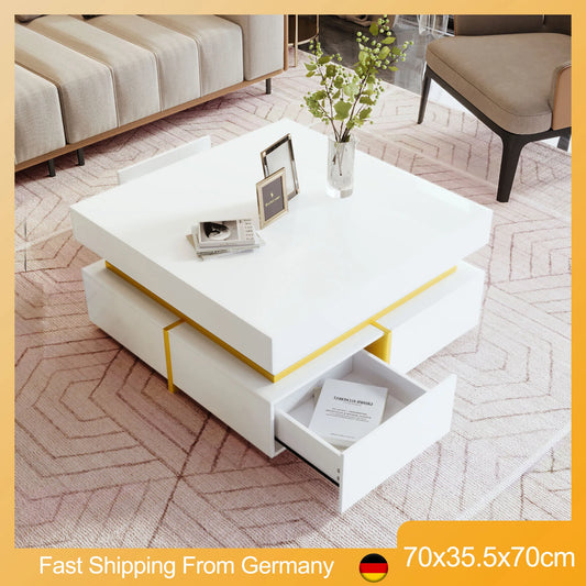 Coffee Table, High-Gloss Living Room Tea Table, Side Table with Drawers and Golden Accents, 70X35.5X70Cm