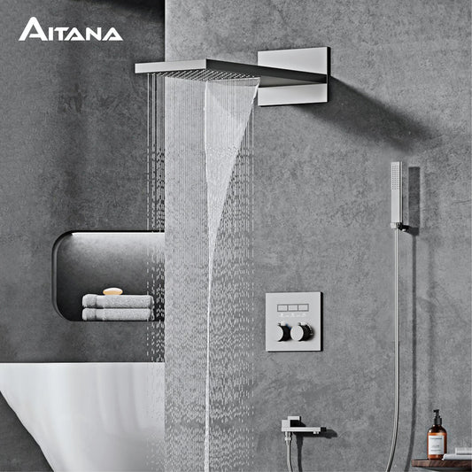 AITANA Luxury gun gray brass thermostatic shower system with wall mounted design Embedded faucet for hot and cold water bathroom