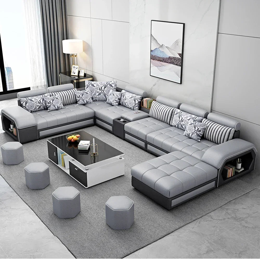 Sofa Set Furniture Living Room Sofa Set with USB and Stools / Big U Shape Cloth Couch Sofas for Home Furniture