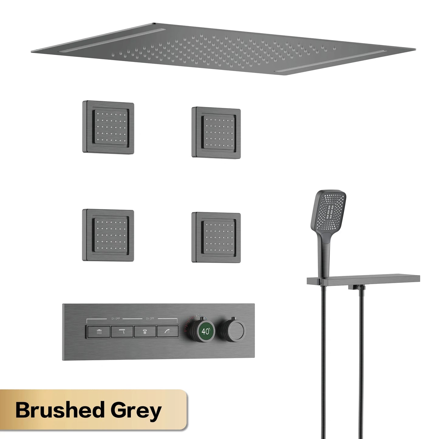 Luxury Gun Grey Brass Thermostatic Shower System Ceiling-Embedded Rainfall&Waterfall Outlet with LED Display Bathroom Mixer Tap