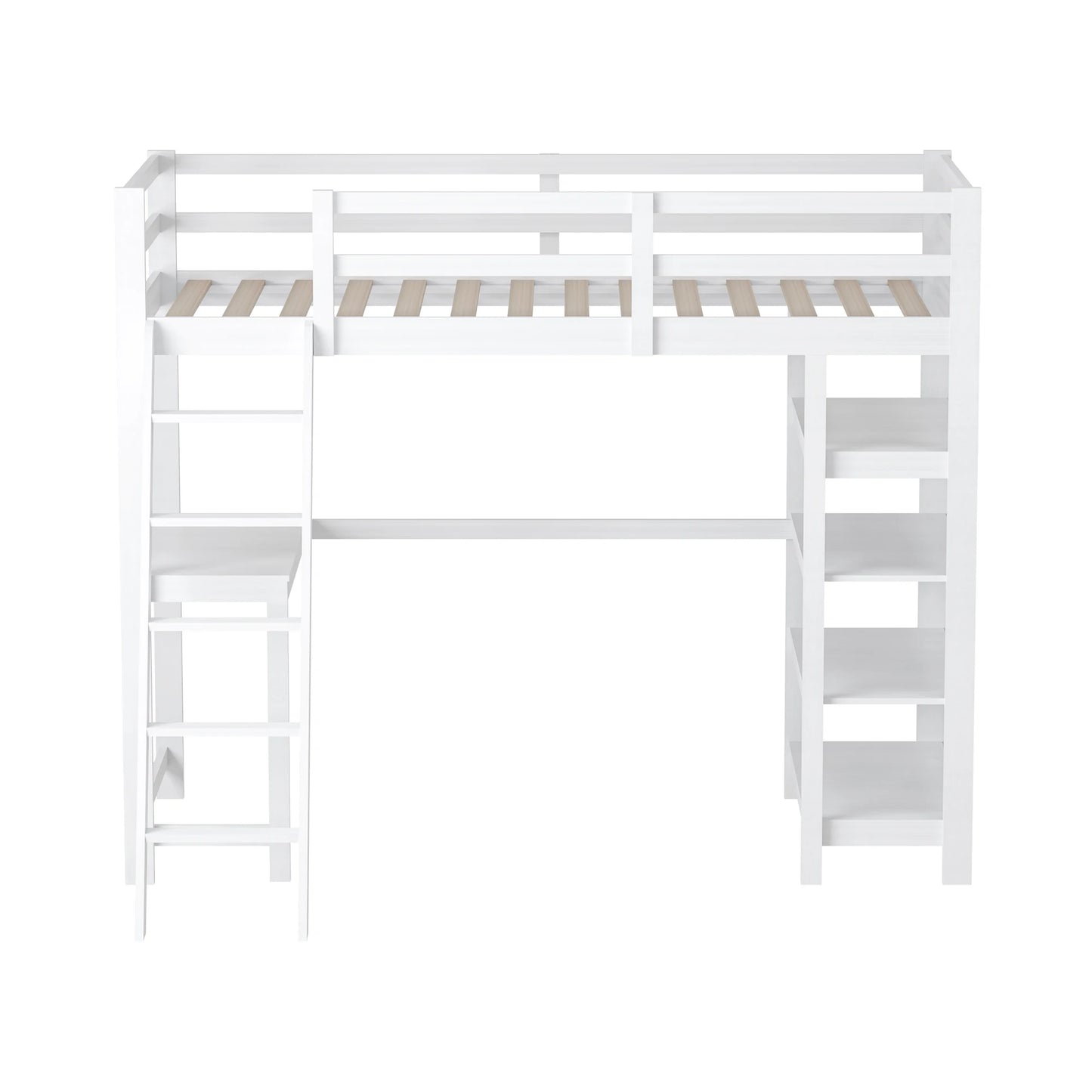 Children's Bed, Bunk Bed Frame with 4 Shelves Storage Space, Bunk Bed 140 x 200 cm with Desk Top