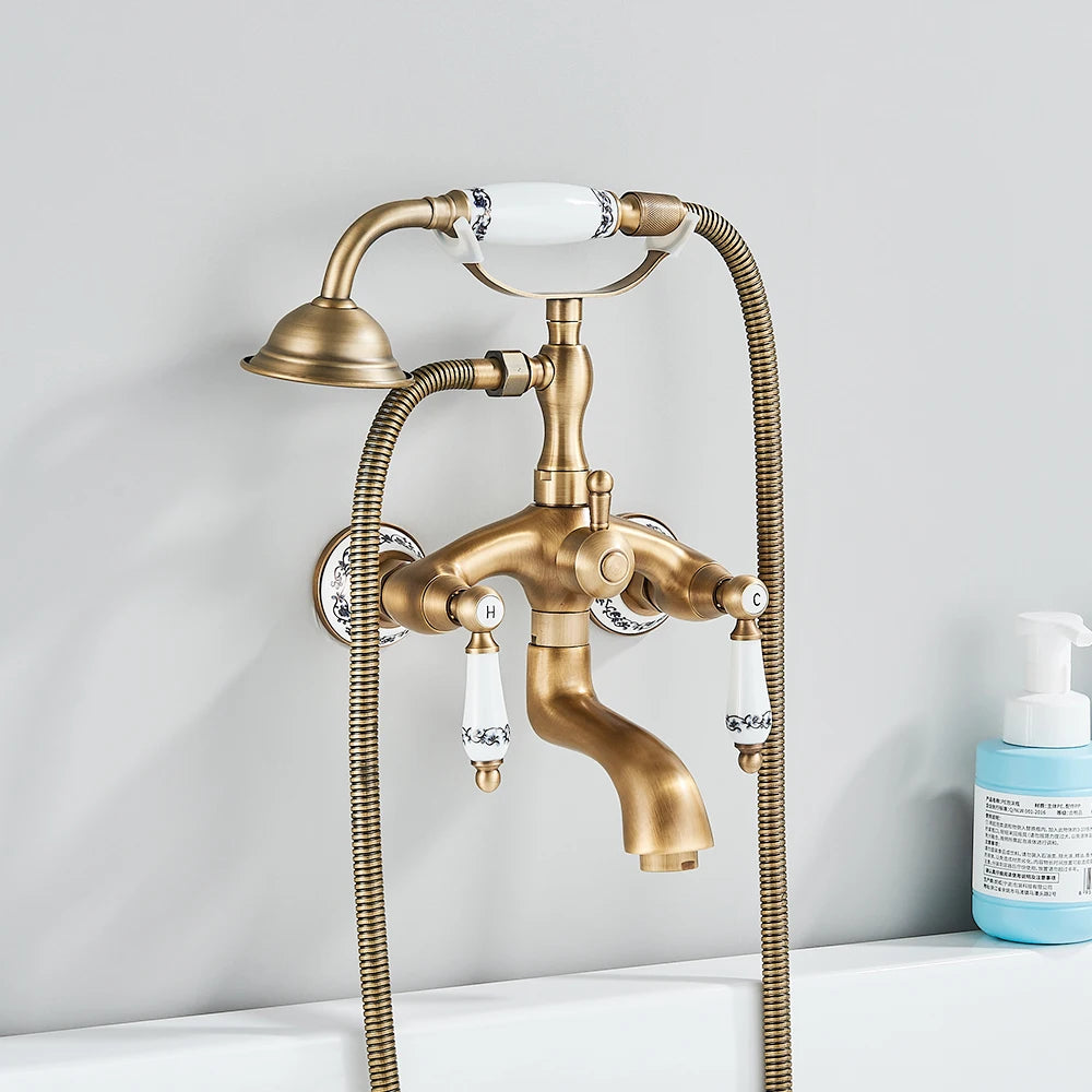 Telephone Style Antique Brass Waterfall Bathtub Faucet Bathroom Brass Bath Faucets Waterfall Rotatb Spout Hot&Cold Mixer Tap