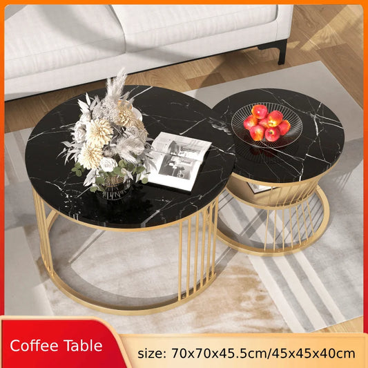 Anajqaqia Modern Coffee Table Set Round End Tables, Golden Color Frame 70x70x45.5cm 45x45x40cm