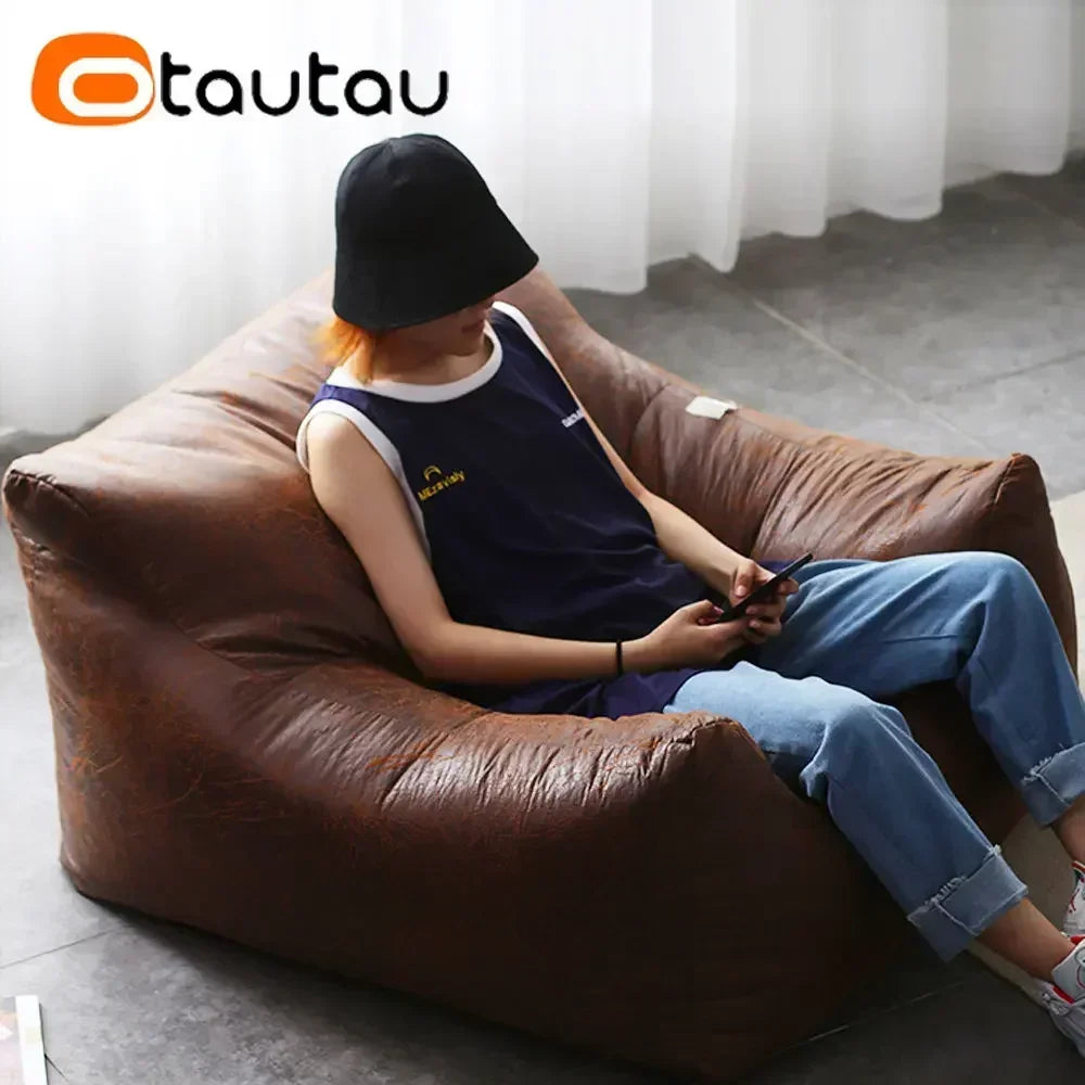 OTAUTAU Filled Adults Faux Retro Suede Leather Pouf Bean Bag with Filler Comfy King Size Armchair Lazy Single Sofa SF042