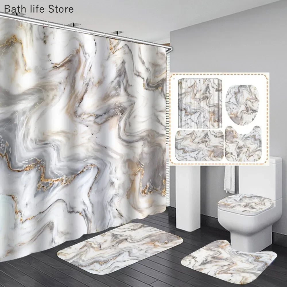 Marble Shower Curtain Sets Modern White Gold Bath Curtains 3D Luxury Toilet Cover Polyester Fabric Bathroom Accessories Sets