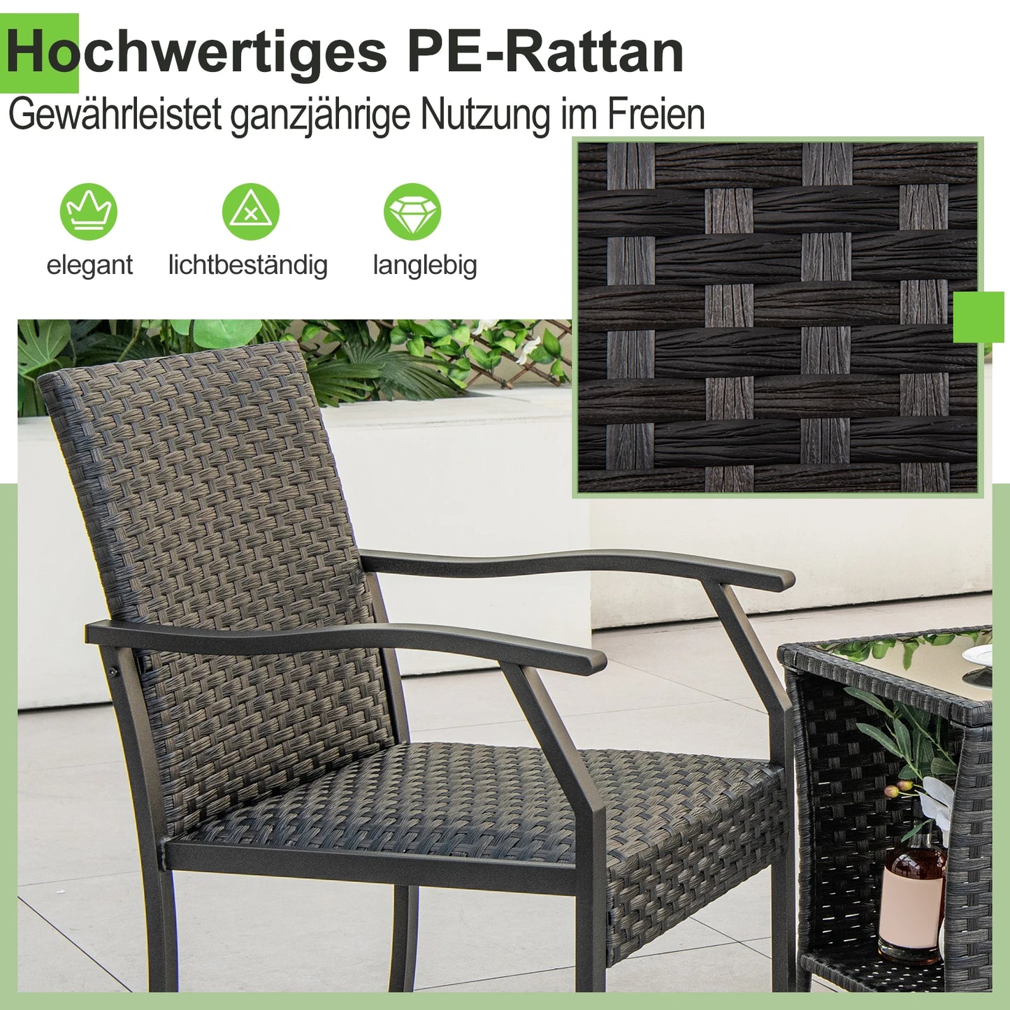 3-piece garden furniture set, rattan balcony set with 2 chairs and table, balcony furniture with upholstered seat, rattan furniture for small