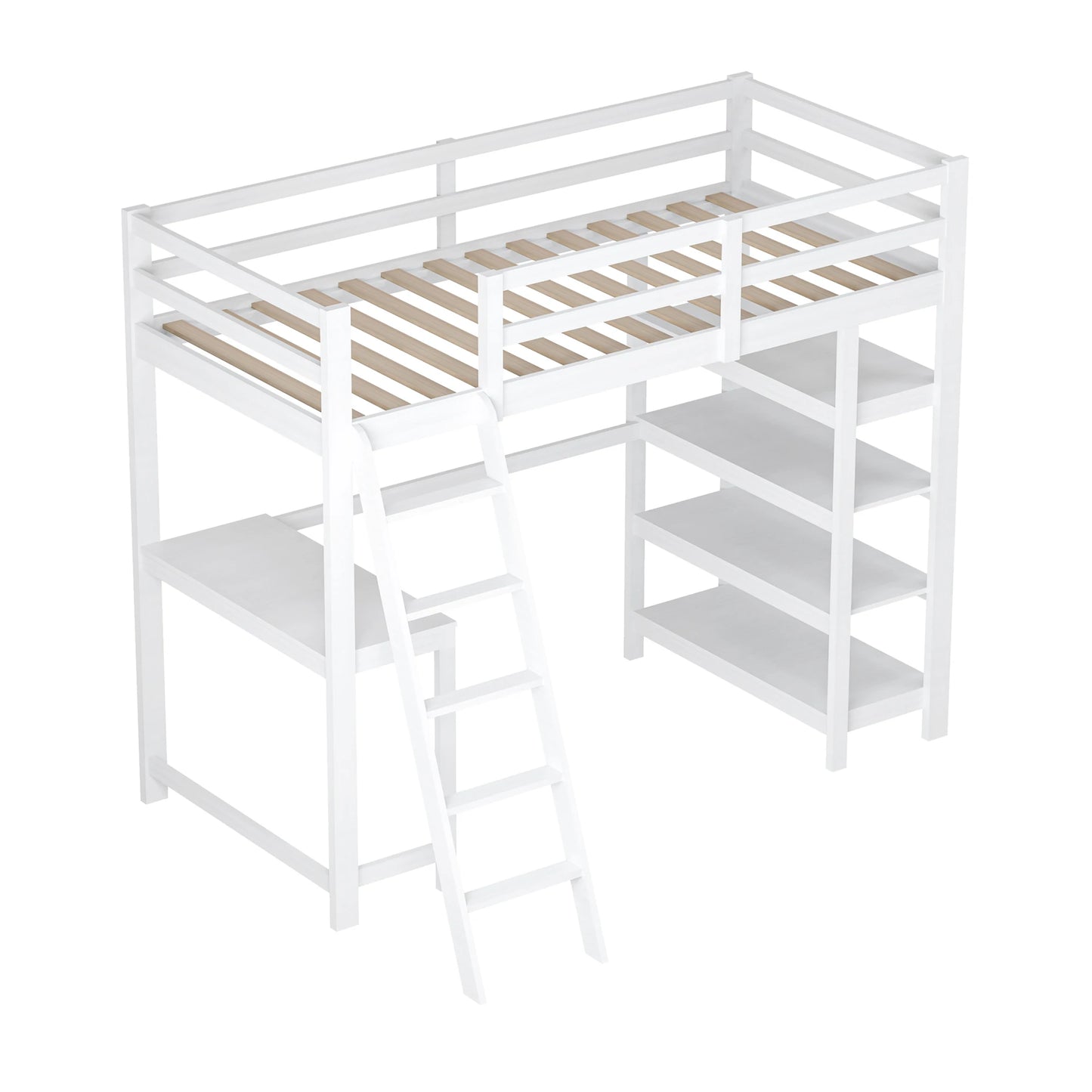 Children's Bed, Bunk Bed Frame with 4 Shelves Storage Space, Bunk Bed 140 x 200 cm with Desk Top