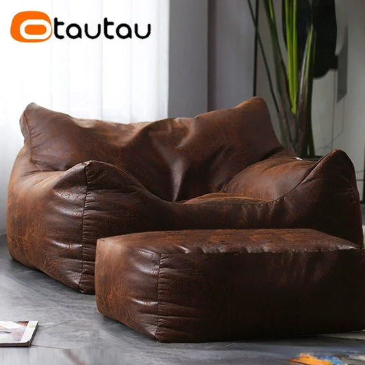 OTAUTAU Filled Adults Faux Retro Suede Leather Pouf Bean Bag with Filler Comfy King Size Armchair Lazy Single Sofa SF042