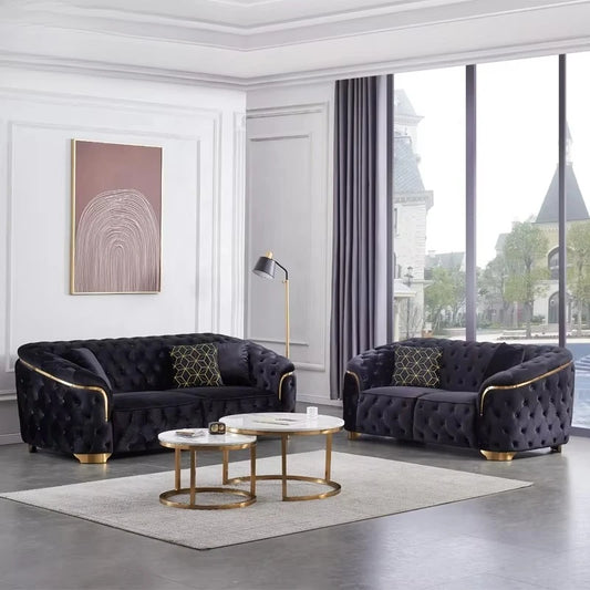 Modern luxury velvet Chesterfield Lounge sofa set with gold base and wooden legs for villa living room