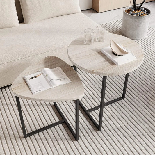 2 Piece Round Coffee Table Set, Side Table Set, Coffee Table, Metal Base and Heart Shape, Modern