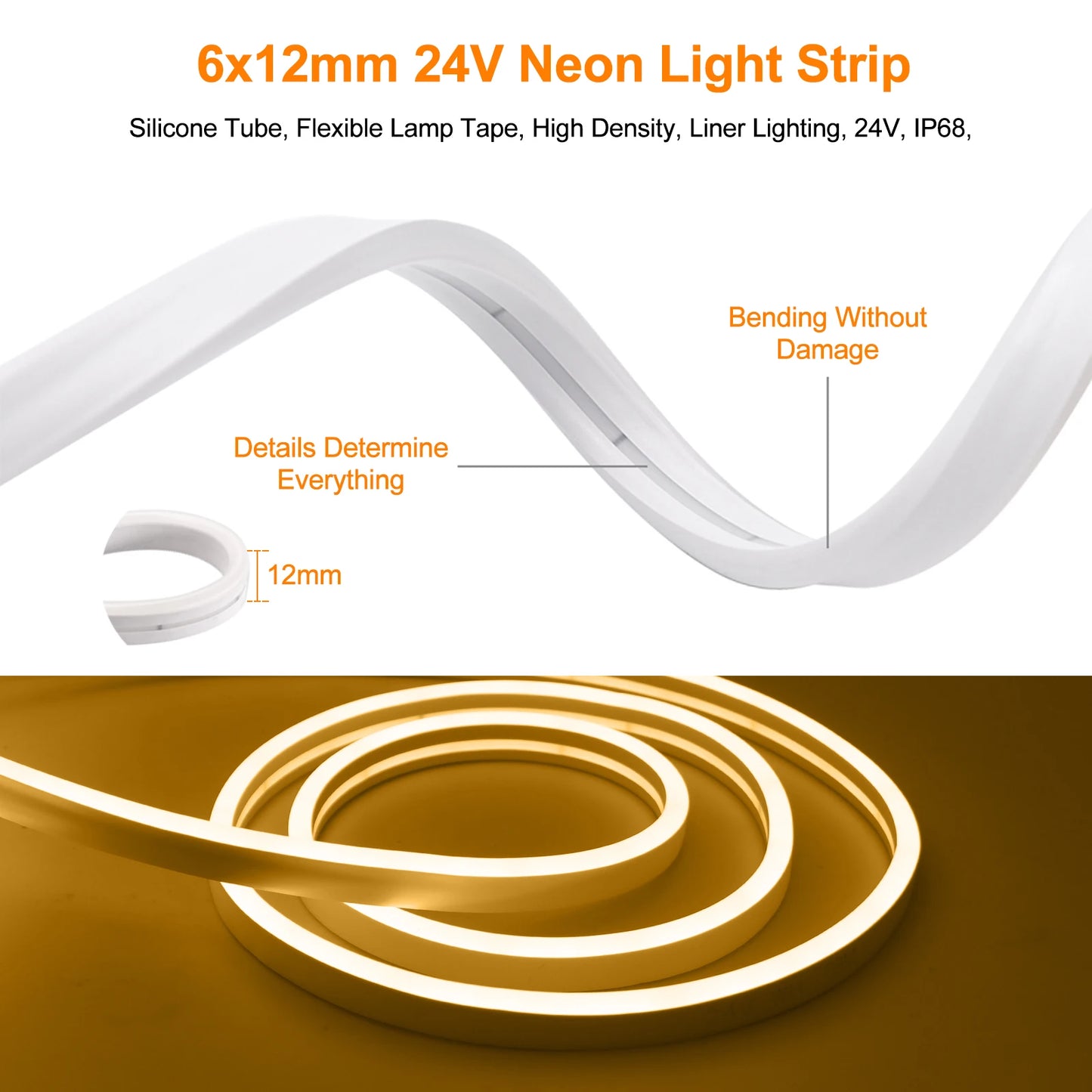 DC24V Solar/USB Powered COB Neon Strips Light Waterproof 120LEDS/M 6X12MM 3000K 6000K Home Garden Decor Flexible Neon Rope Light