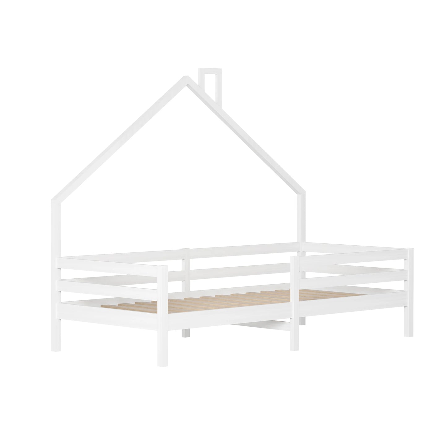 Children's Single Bed 90 x 200cm with Fall Protection Wooden House Bed with Slatted Frame for Boys and Girls