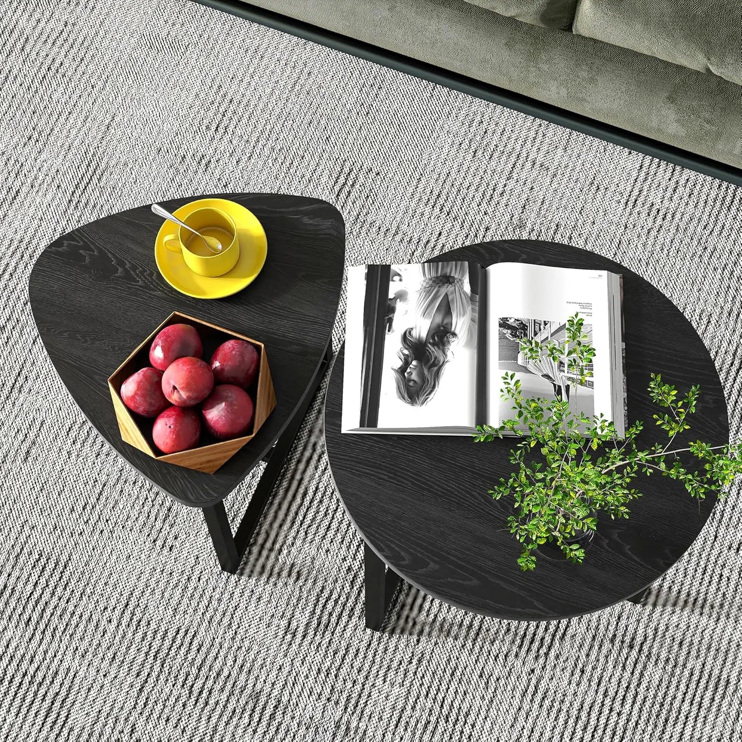 2 Piece Round Coffee Table Set, Side Table Set, Coffee Table, Metal Base and Heart Shape, Modern