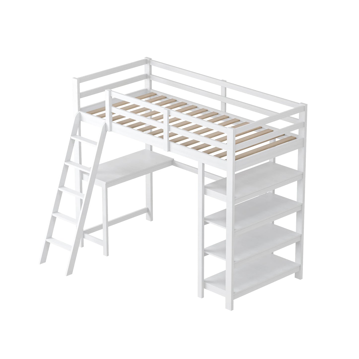 Children's Bed, Bunk Bed Frame with 4 Shelves Storage Space, Bunk Bed 140 x 200 cm with Desk Top