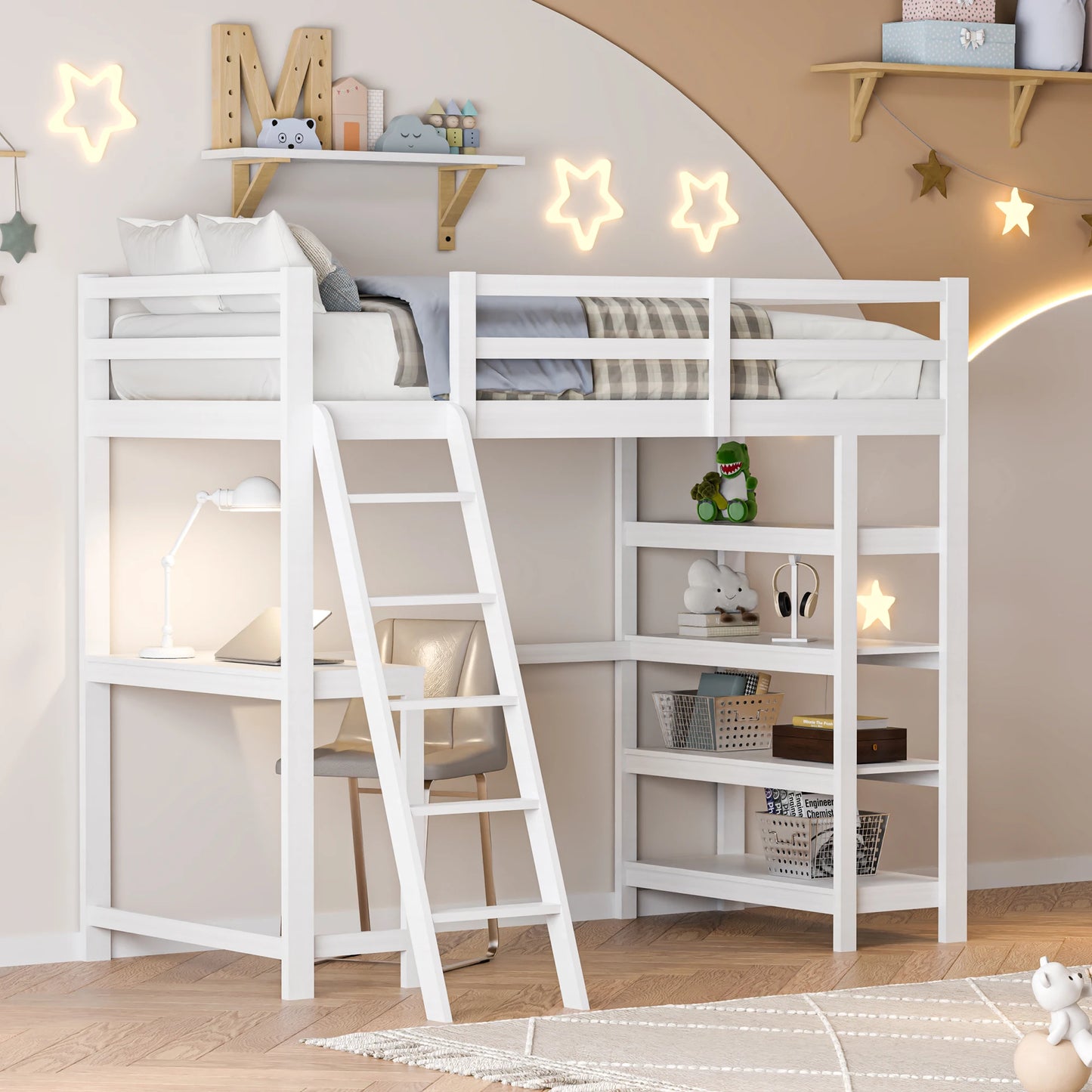 Children's Bed, Bunk Bed Frame with 4 Shelves Storage Space, Bunk Bed 140 x 200 cm with Desk Top
