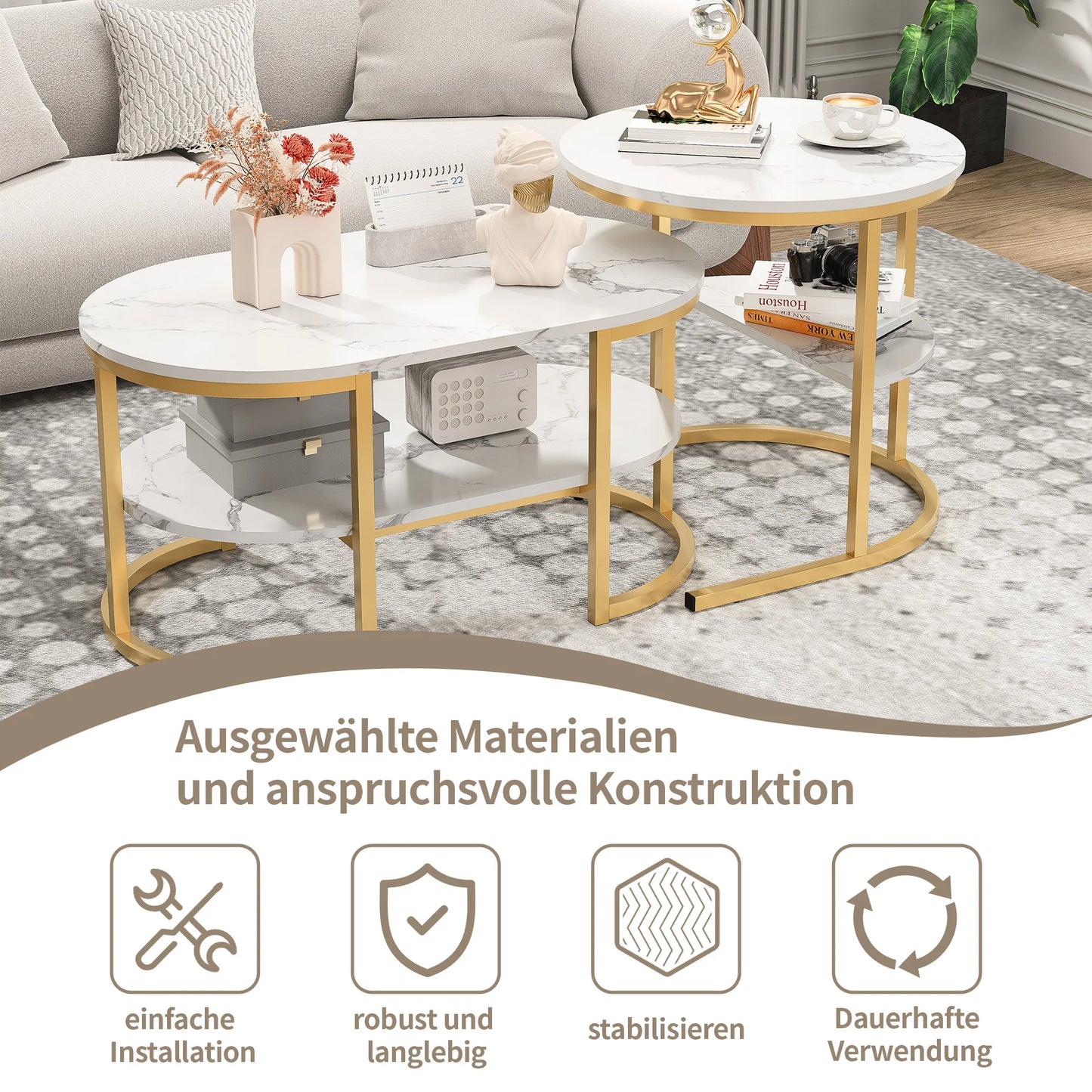 Lazyspace Coffee Table Round White Marble with Gold/Black - Round Living Room Table Set of 2 for Living Room - Diameter 80x52cm