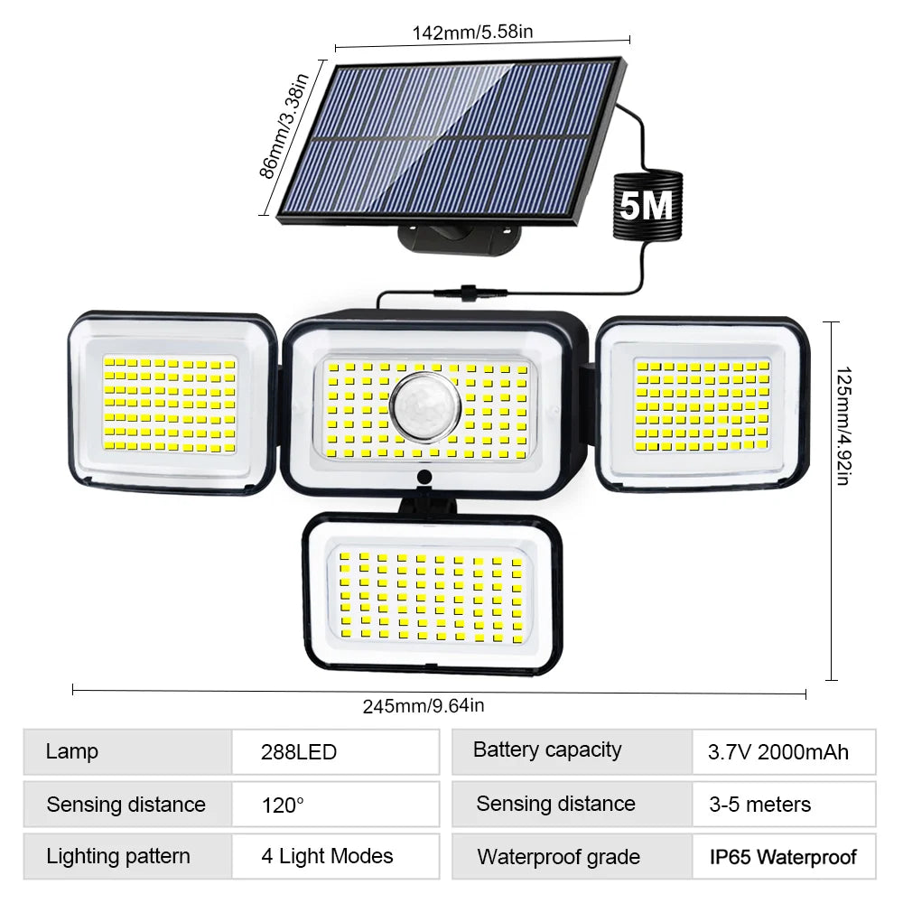 283/288LED Solar Powered Outdoor Light Motion Sensor with Remote Security Street Lamp Adjustable Waterproof Garage Garden Patio