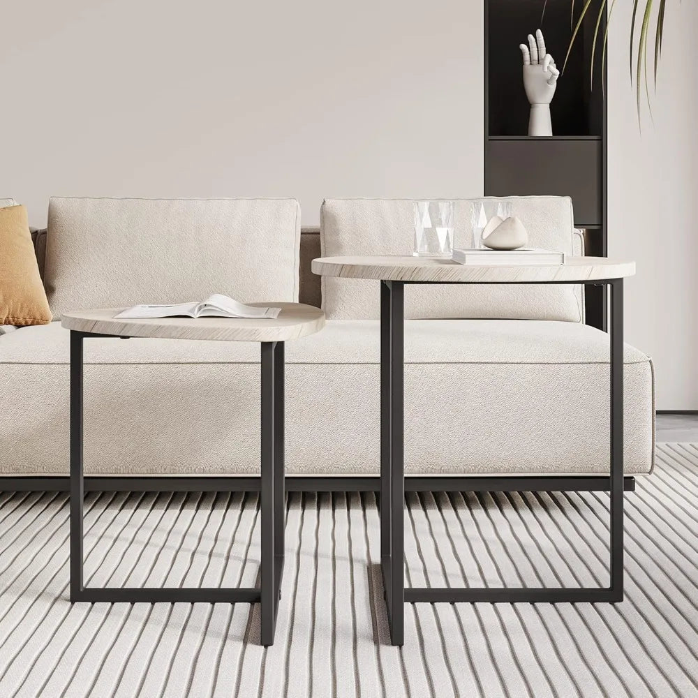 2 Piece Round Coffee Table Set, Side Table Set, Coffee Table, Metal Base and Heart Shape, Modern