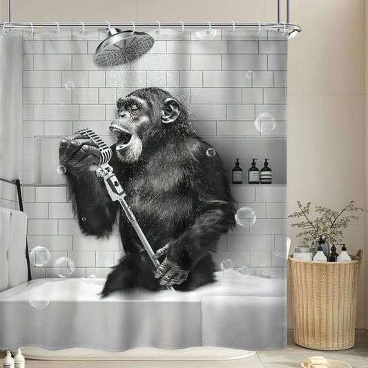 1pc/4pcs - Funny Monkey Shower Curtain Set, Black and White Animal Chimpanzee Singing in Bathtub, Mens Modern CoolBathroom Decor
