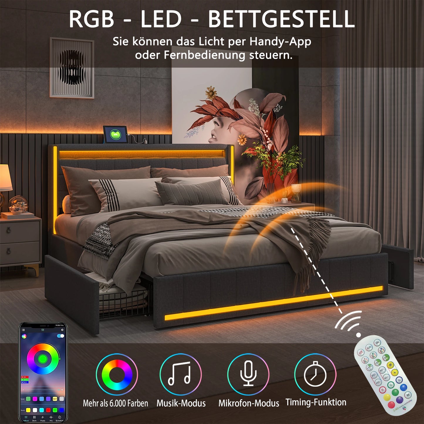 Creahappy  Soft-padded bed frame - 160x200cm - with LED lights, charging ports at the headboard, and four storage compartments