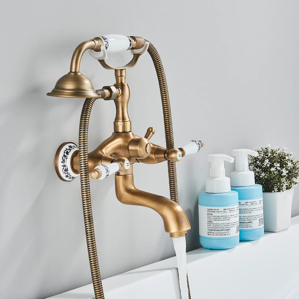 Telephone Style Antique Brass Waterfall Bathtub Faucet Bathroom Brass Bath Faucets Waterfall Rotatb Spout Hot&Cold Mixer Tap