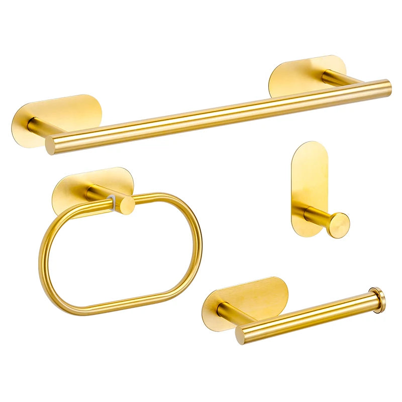 No Drilling Stainless Black Silver Towel Bar Self-adhesive Hook Paper Holder Towel Ring Brushed Gold Bathroom Accessories Set