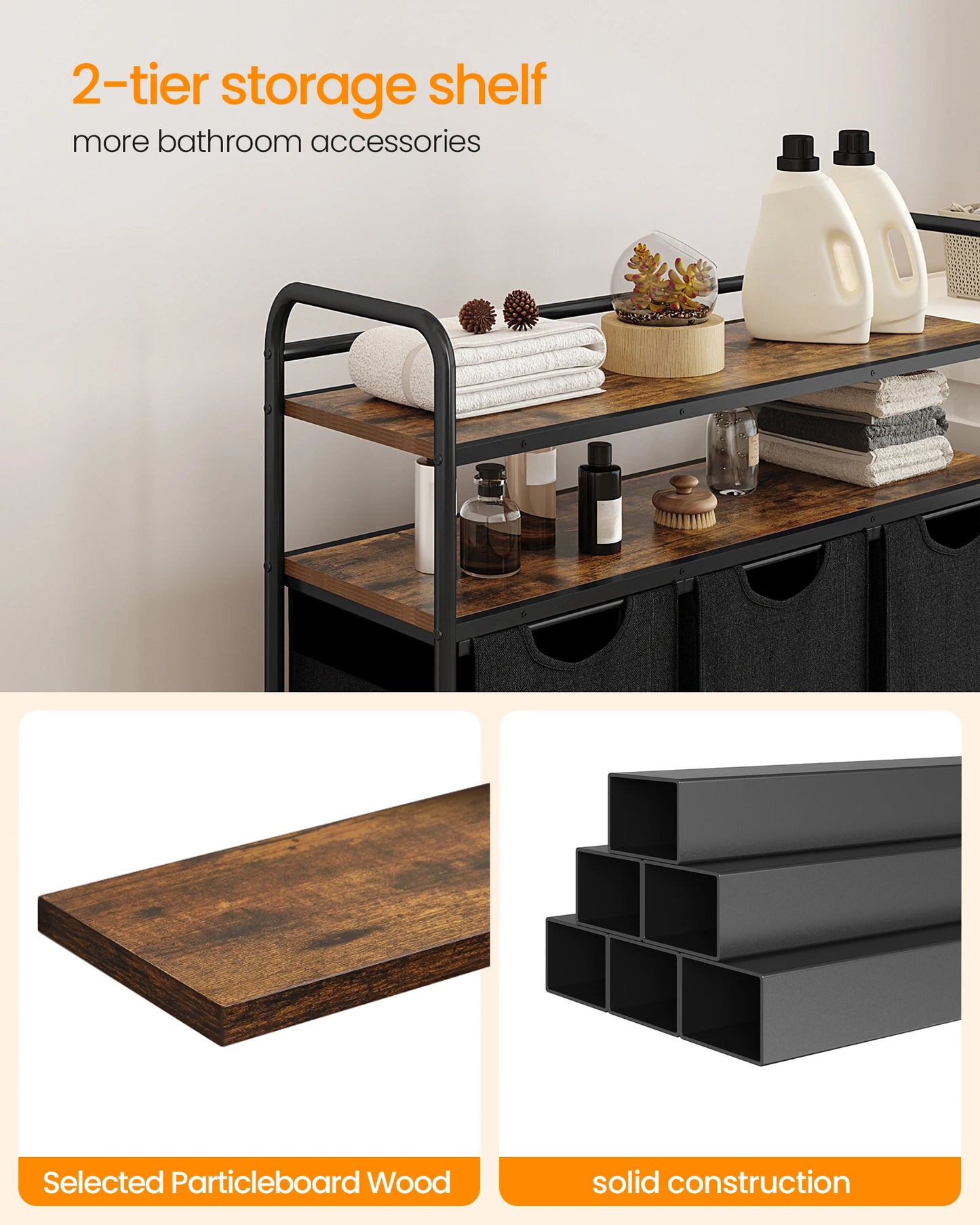 Hzuaneri Laundry basket 3 compartments, 3 x 46L, Laundry collector with 2 shelves, Laundry sorter, Laundry bag extendable