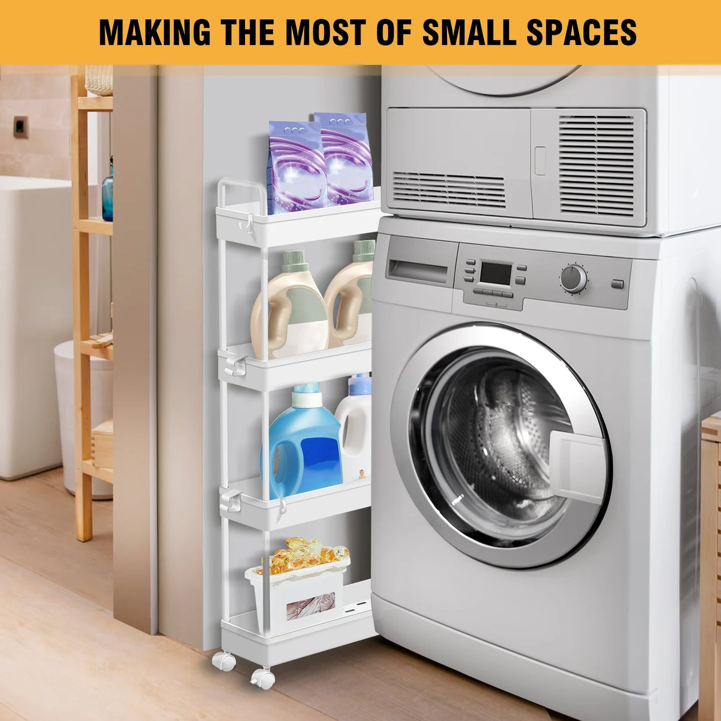 DayPlus 4-Tier Storage Rack Trolley Cart Slide-out Rolling Utility Cart Mobile Shelving Organizer for Kitchen, Bathroom,Bedroom