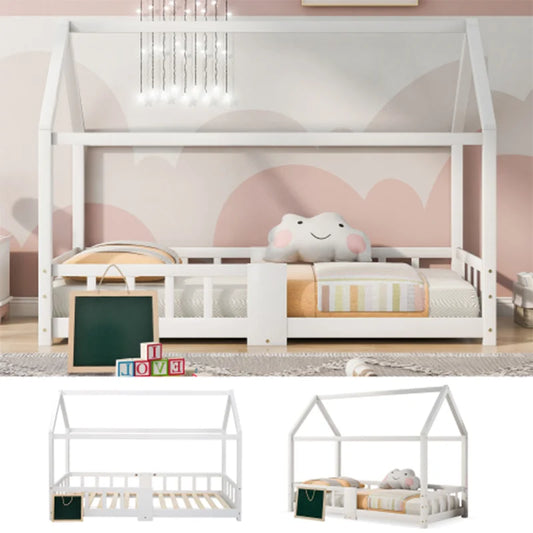 Children bed house bed 90x200 cm Wooden bed for CHILDREN'S room incl. table slatted frames crash protection, Pine White (without Matra