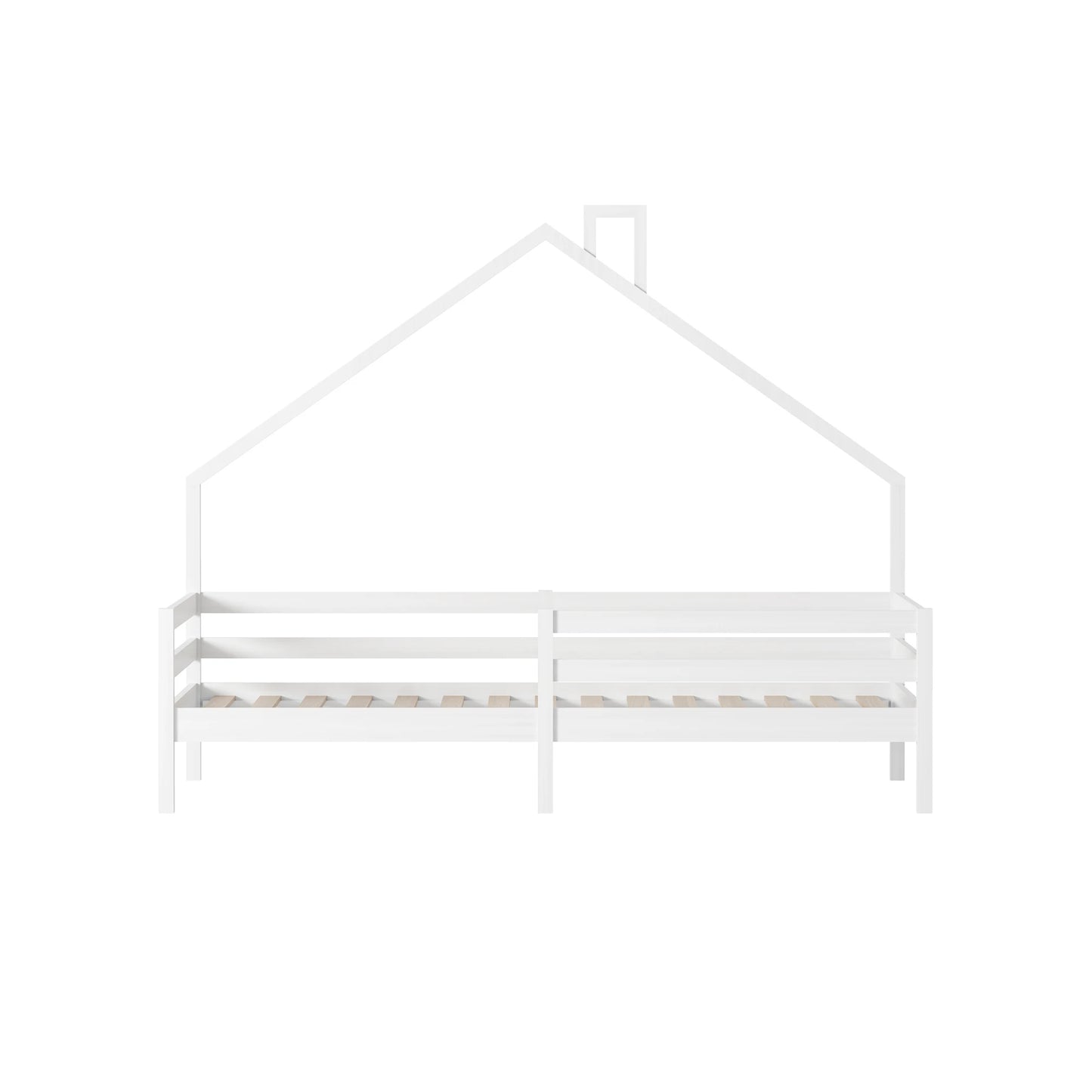 Children's Single Bed 90 x 200cm with Fall Protection Wooden House Bed with Slatted Frame for Boys and Girls