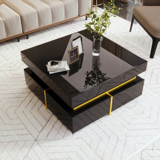 70 L x 35,5 H x 70 B (cm) Coffee table, Black high gloss living room table, side table with drawers and golden accents