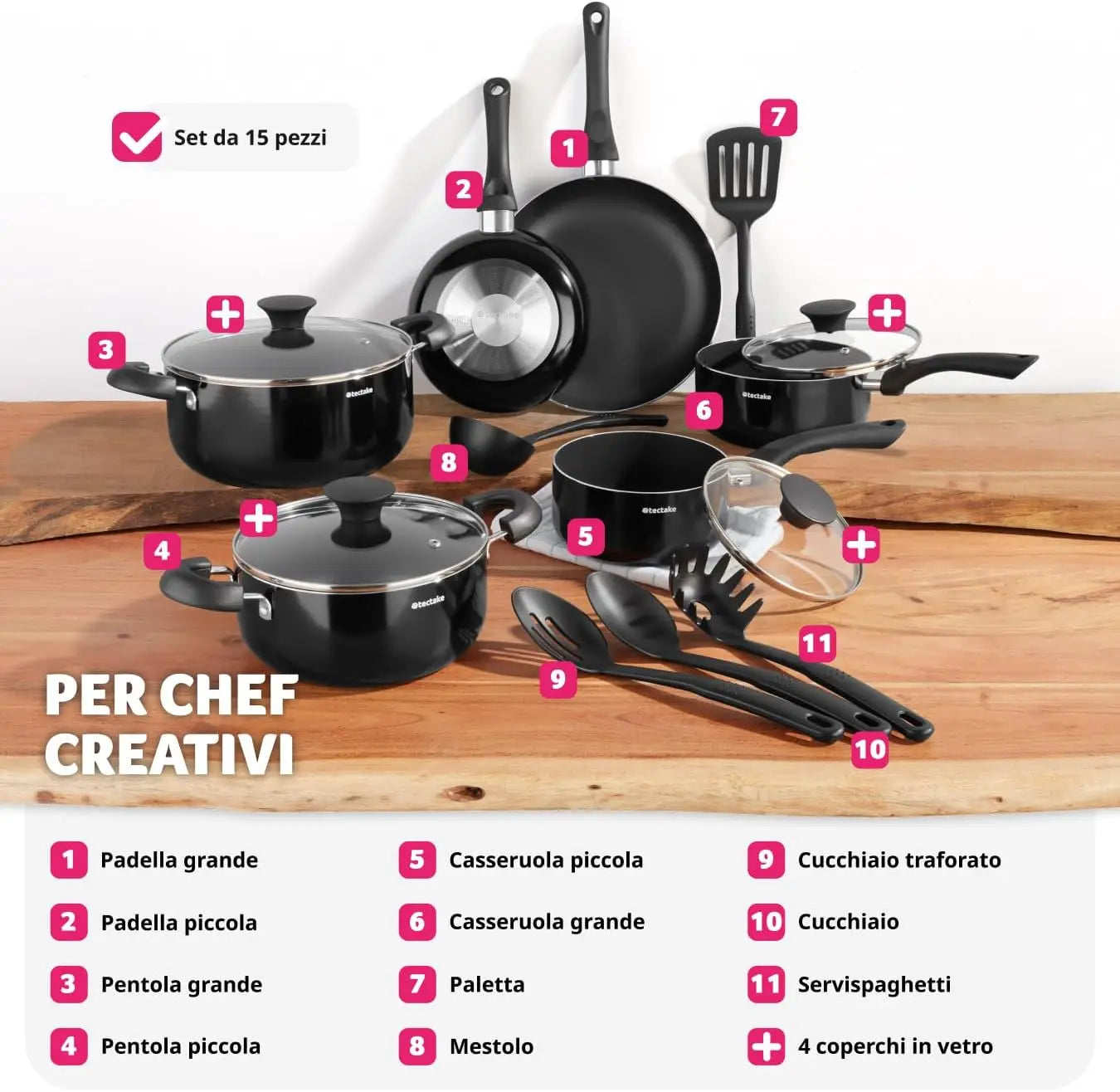 15-piece non-stick cookware set, heavy-duty aluminum pans with glass lids (vent holes), heat-resistant handles – black. (128 cha