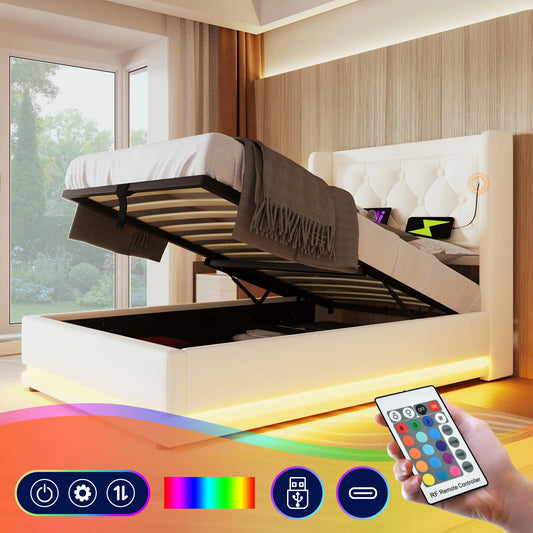 Merax Upholstery bed 90x200 Single Bed USB C Headboard 3 Sided Hydraulic Bed Storage White PU