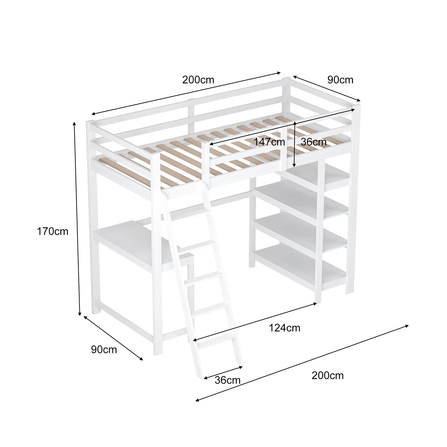 Children's Bed, Bunk Bed Frame with 4 Shelves Storage Space, Bunk Bed 140 x 200 cm with Desk Top