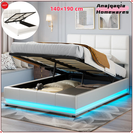 Anajqaqia 140×190 cm Upholstered Bed, Hydraulic double bed with LED lights and slatted frame, with Backrest headboard, PU, White