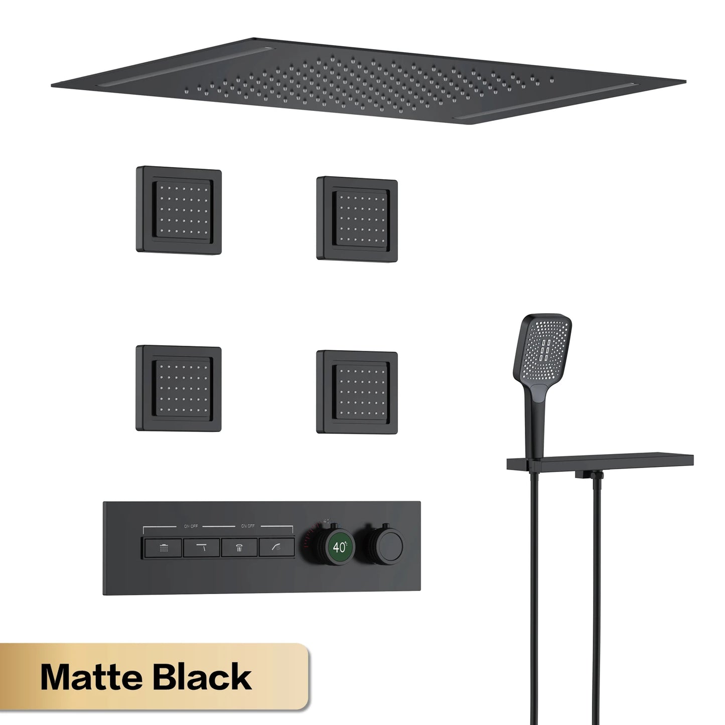 Luxury Gun Grey Brass Thermostatic Shower System Ceiling-Embedded Rainfall&Waterfall Outlet with LED Display Bathroom Mixer Tap