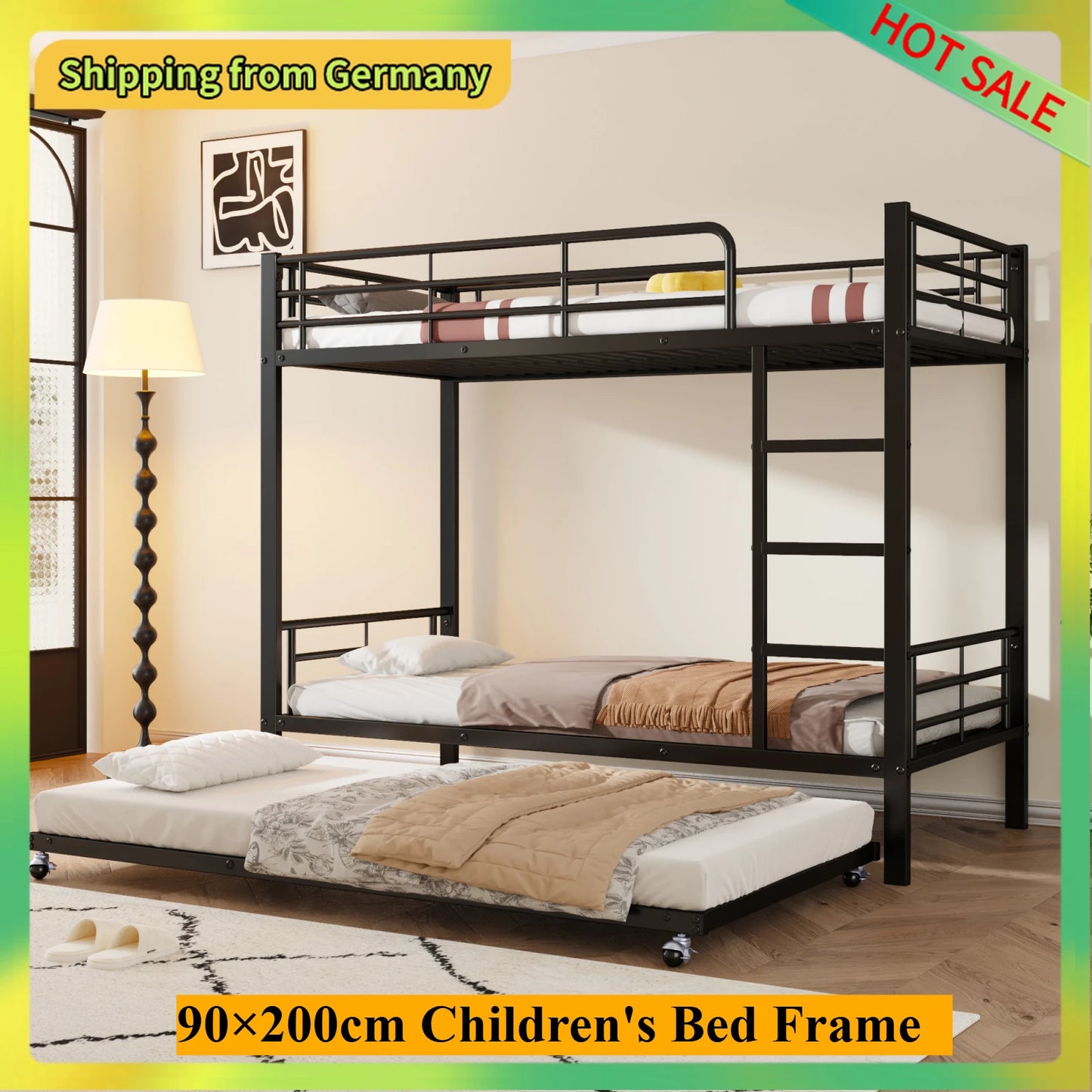 Comanlai 90×200cm Children's Bed Frame,Double Bed with pull-out Bed,Iron Bunk Bed Frame with Fall Protection,Three Bed Frame