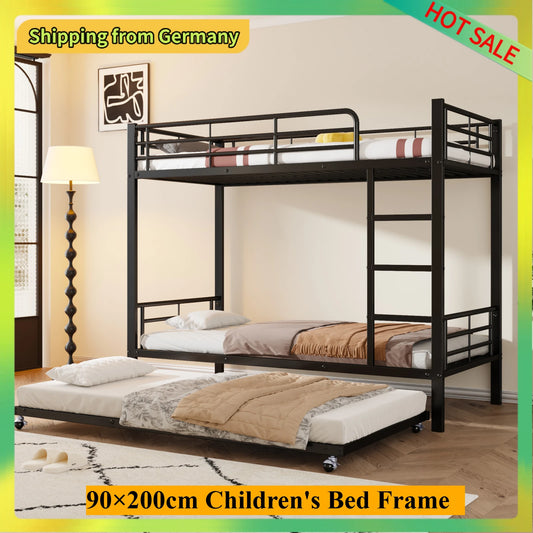 Comanlai 90×200cm Children's Bed Frame,Double Bed with pull-out Bed,Iron Bunk Bed Frame with Fall Protection,Three Bed Frame