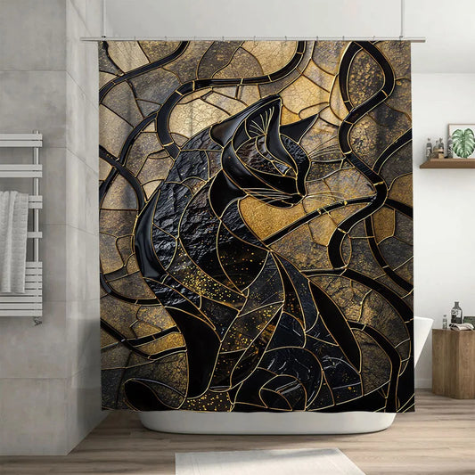 Luxurious Gold Black Cat Print Shower Curtain 3D Waterproof Decor for Bathroom Modern Home Accessories Easy Installation Kit Inc