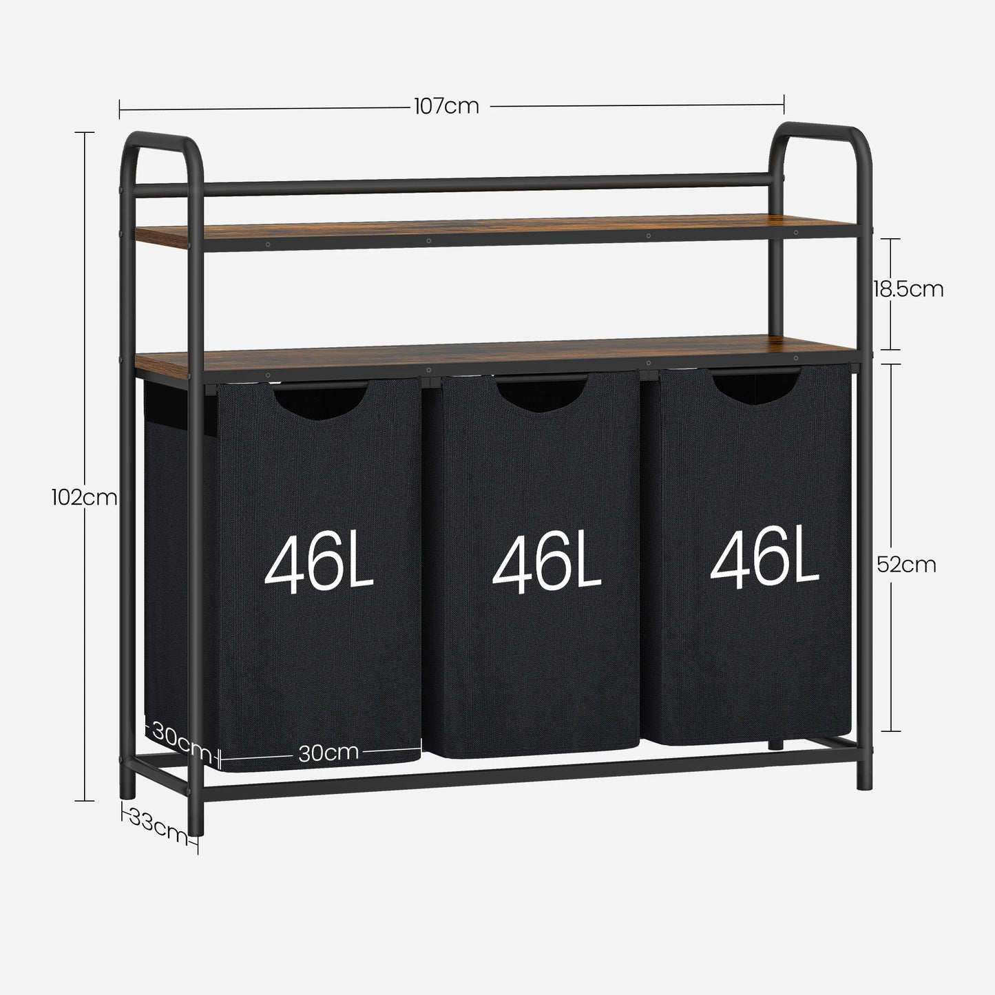 Hzuaneri Laundry basket 3 compartments, 3 x 46L, Laundry collector with 2 shelves, Laundry sorter, Laundry bag extendable
