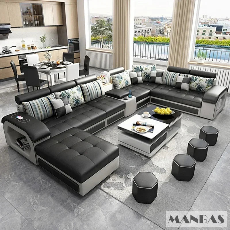 Sofa Set Furniture Living Room Sofa Set with USB and Stools / Big U Shape Cloth Couch Sofas for Home Furniture