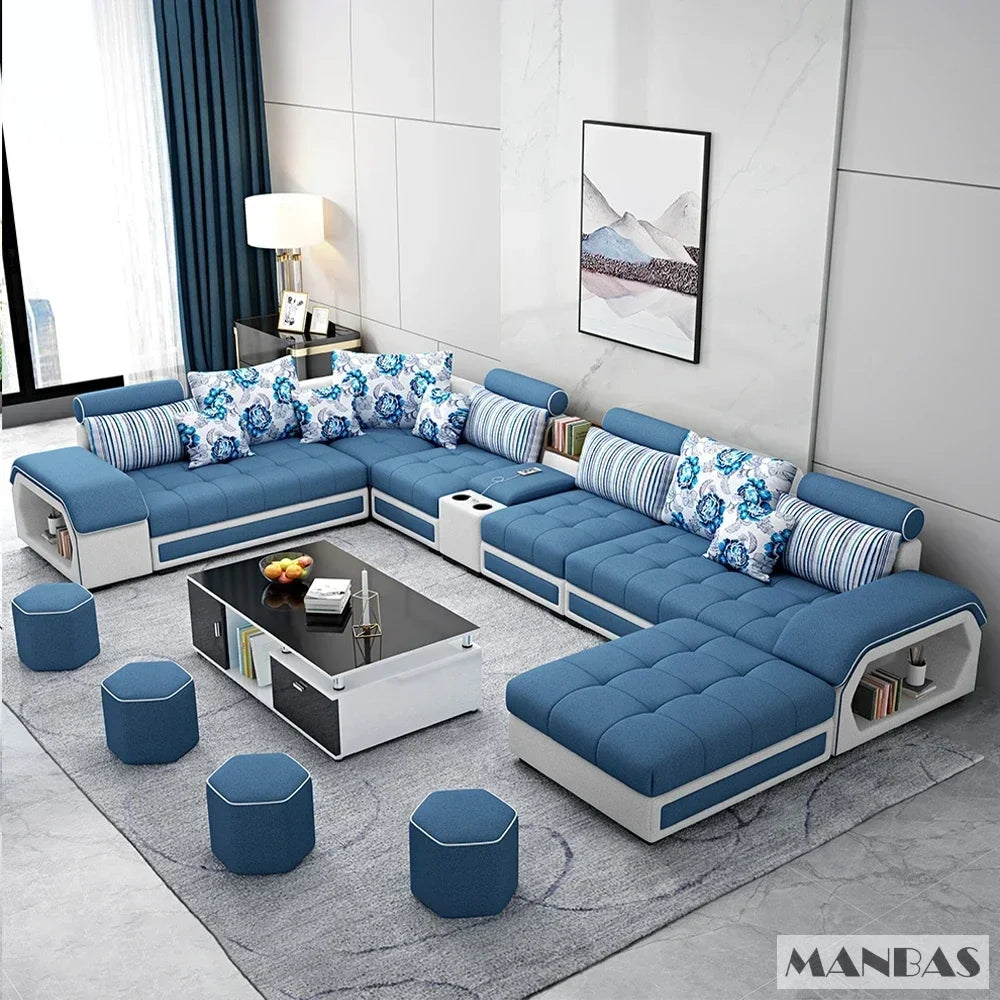 Sofa Set Furniture Living Room Sofa Set with USB and Stools / Big U Shape Cloth Couch Sofas for Home Furniture