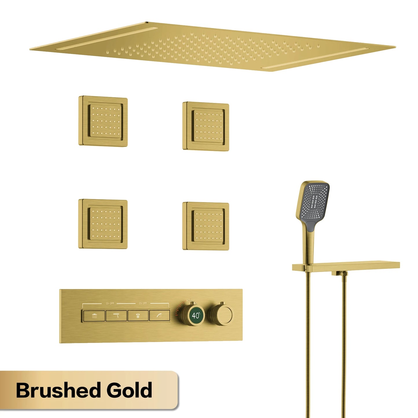 Luxury Gun Grey Brass Thermostatic Shower System Ceiling-Embedded Rainfall&Waterfall Outlet with LED Display Bathroom Mixer Tap